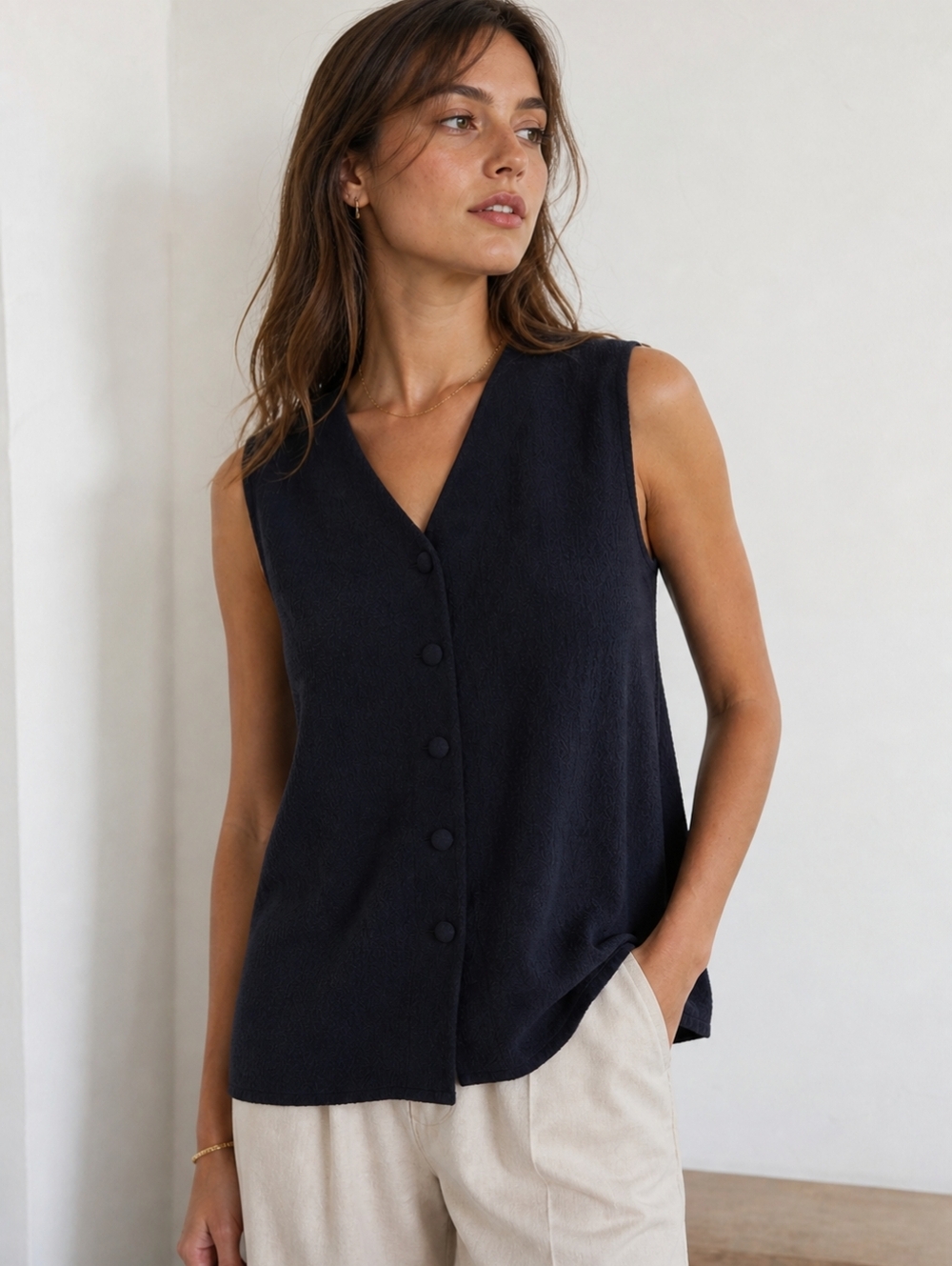 Two Roads Navy Textured Sleeveless Blouse | Nubby Knit Button Front Top